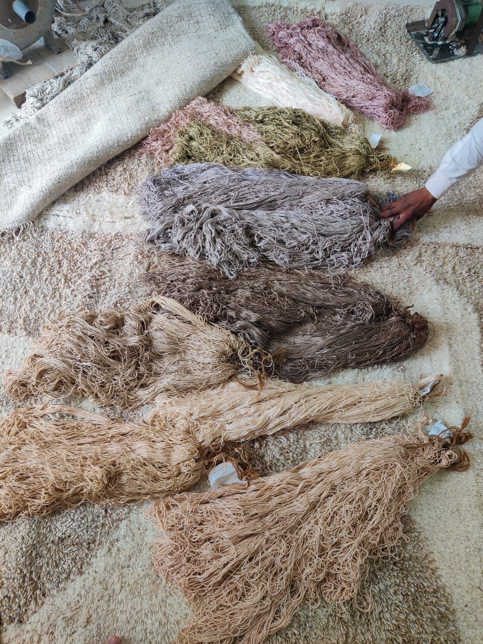 Hanks of dyed yarn in rose, olive, grey and sand laid out on a rug