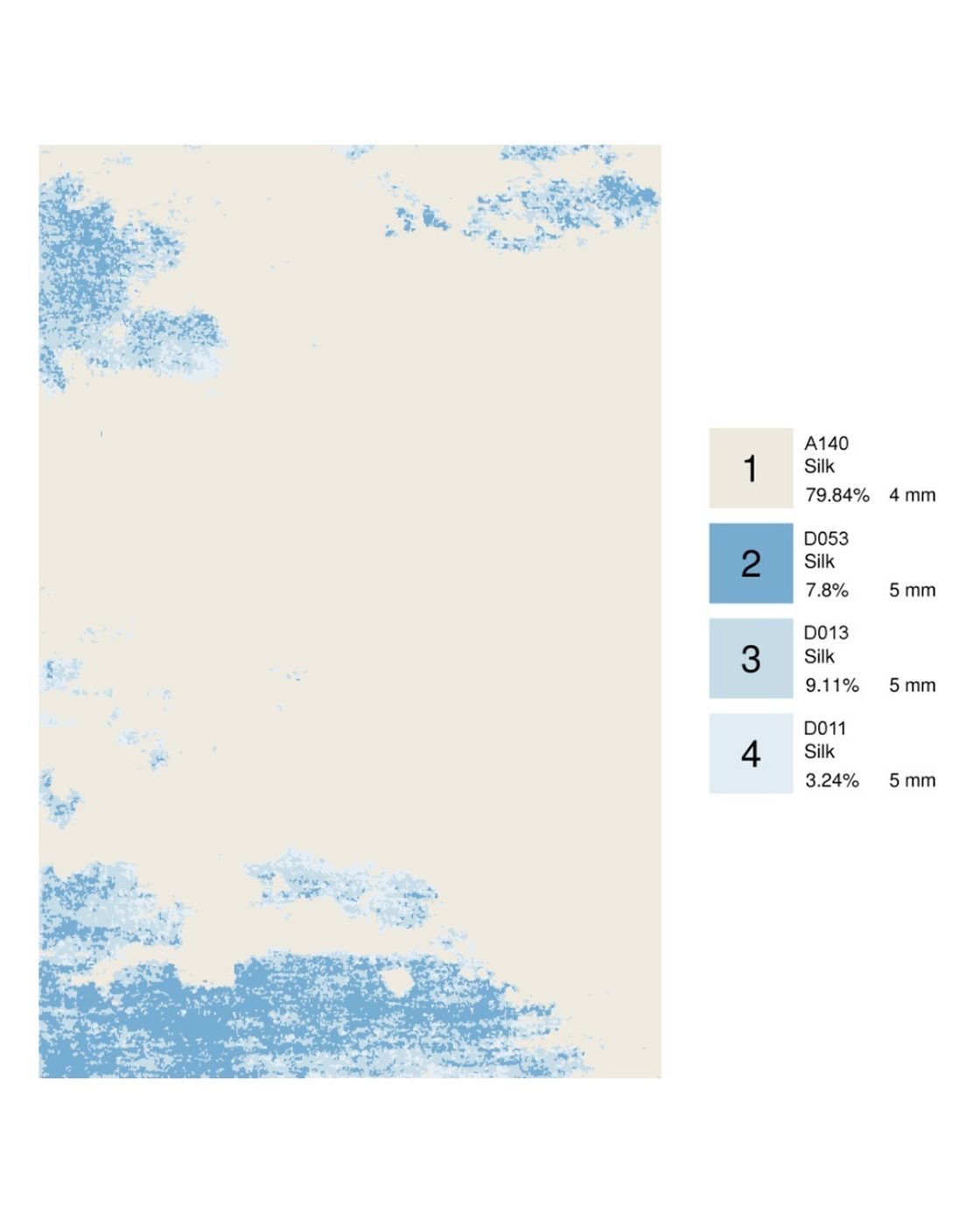 Colour plan of a rug with blue cloud-like shapes and a legend of four silk yarn codes with pile heights