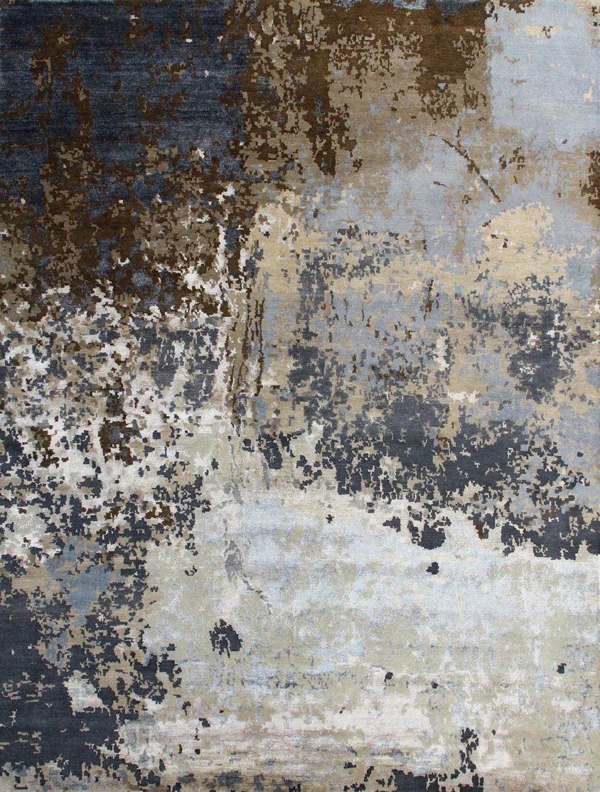 Abstract rug in indigo, brown, sand and pale blue